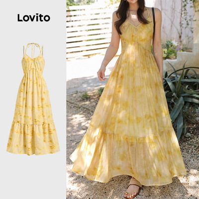 (Kỳ nghỉ) Lovito Đầm có khóa kéo chiết eo mùa xuân/hè đầm vàng cho nữ L142LD169