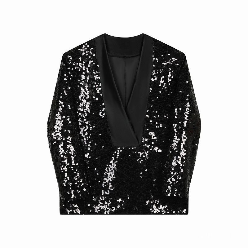 Áo khoác vest nam không cổ đính kim sa phối satin phong cách thời trang biểu diễn sân khấu độc đáo