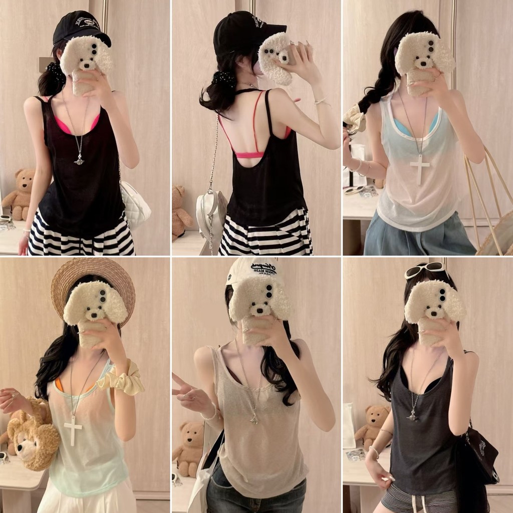 6127#两件套 Pure Desire Phong Cách Mỏng Phong Cách Hơi Trong Suốt Rời Kem Chống Nắng Cami Màu Kẹo Bên T