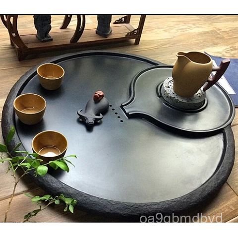 Khay trà đá, bàn trà đá tự nhiên Khay trà đá đen vàng lớn, chắc chắn, dùng cho gia đình và văn phòng