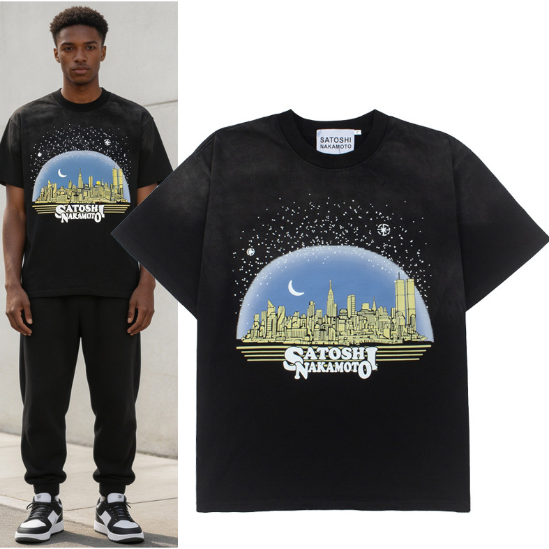Chất Lượng Cao = American Retro In Chữ New York Night Sky Line Nam Giặt Đau Khổ Áo Thun Tay Ngắn