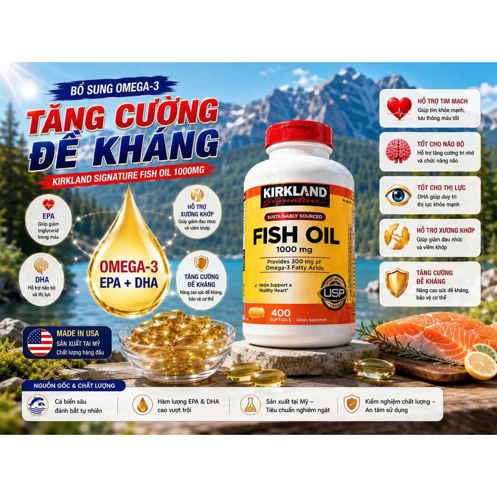 Viên Dầu Cá Omega 3 Kirkland Signature 1000mg (Lọ 400 Viên Mỹ)