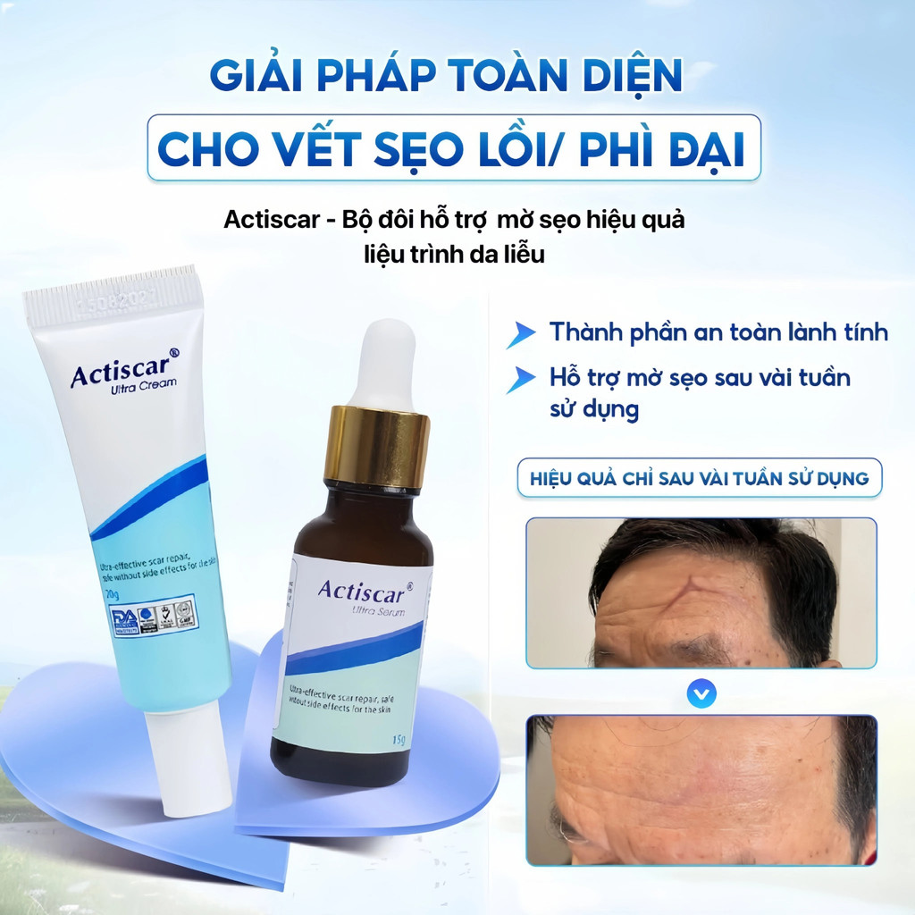 Actiscar Kem Và Serum Sẹo  Hỗ Trợ Làm Mờ Sẹo Lồi, Lõm, Rỗ, Sẹo Phẫu Thuật, Sẹo Thâm Lâu Năm, Sẹo Bỏn