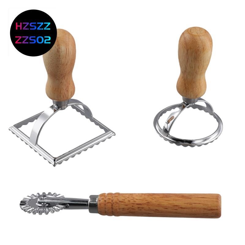 3 Máy Cắt Tem Ravioli Có Bộ Bánh Xe Con Lăn, Khuôn Có Tay Cầm Bằng Gỗ Cho Pasta, Bánh Bao Lasagna, B