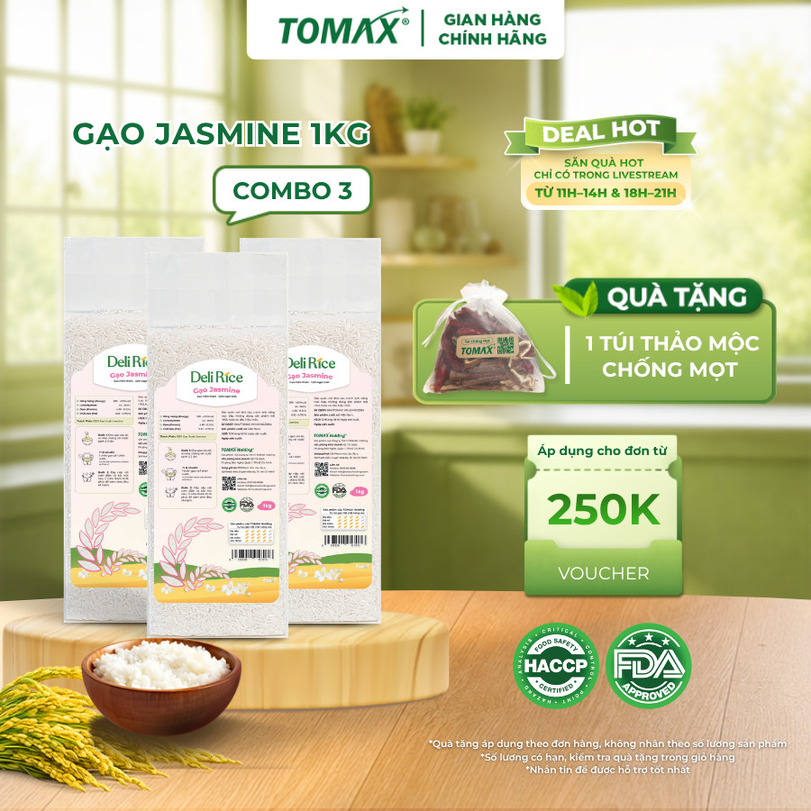 [ĐÃ VỀ HÀNG] Combo 3 túi Gạo Deli Rice Jasmine thơm dẻo mềm 1kg Tomax
