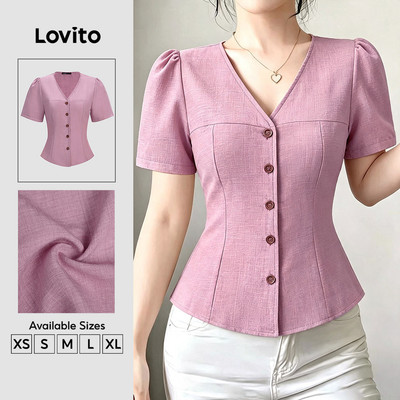 (New Arrival) Lovito Áo kiểu nữ màu hồng Thanh lịch Tay ngắn cổ chữ V cài nút phía trước bề mặt có kết cấu thời Trang công sở xuân hè BLB202P2D041