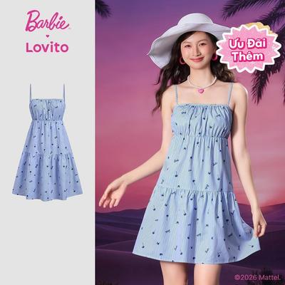 (New Arrival) Barbie™ X Lovito Váy Đầm Nữ Xanh Dương Xuân/Hè Dáng A Mini Nhún Co Vai Trống LBL5AD013