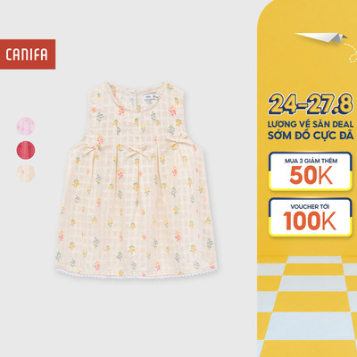 Áo kiểu bé gái CANIFA dáng babydoll không tay đính nơ in họa tiết 1TO26S001