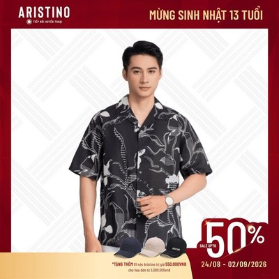 ÁO SƠ MI NGẮN TAY ARISTINO MÀU ĐEN IN HỌA TIẾT BST ÁNH DƯƠNG - ASSM16AZ