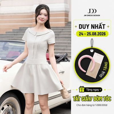 Đầm Xuân Hè Cổ Bẻ Ngang Nhún Chân 1S16.2601, Đầm Dáng Xoè Nhẹ A-line, Cổ Áo Cách Điệu Thanh Lịch Sang Trọng Design By JM