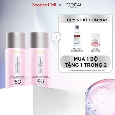 Bộ đôi sữa chống nắng phổ rộng mỏng bảo vệ da, dưỡng sáng mờ thâm nám Glycolic Bright L'Oreal Paris 50ml SPF50+ PA++++