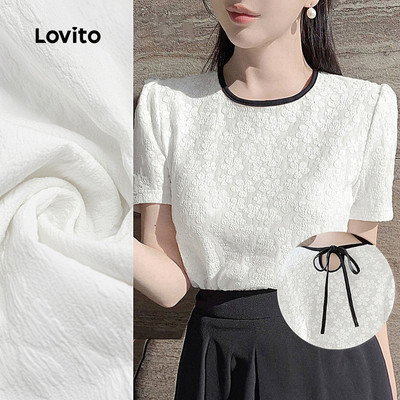 Áo kiểu Lovito thanh lịch màu trơn viền cổ tương phản cột nơ phía sau phong cách cho nữ L129AD1038