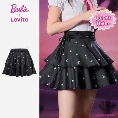 (New Arrival) Barbie™ X Lovito Chân Váy Bút Chì Mini Đen Nữ Xuân/Hè Viền Nhún Xếp Nơ Hai Lớp LBL5AD020