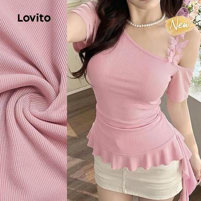 (New Arrival) Lovito Áo thun thường ngày kiểu tay ngắn nữ dáng bèo nhún ruy băng màu hồng xuân/hè L198ED232