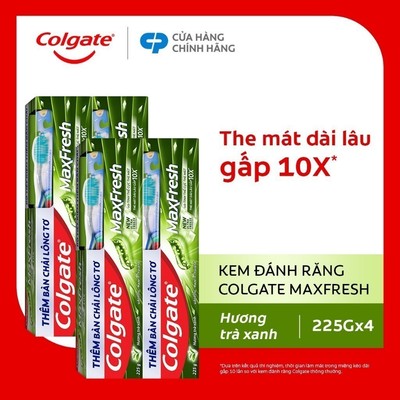 Bộ 4 Kem đánh răng Colgate Maxfresh Trà Xanh the mát 225g/tuýp tặng bàn chải