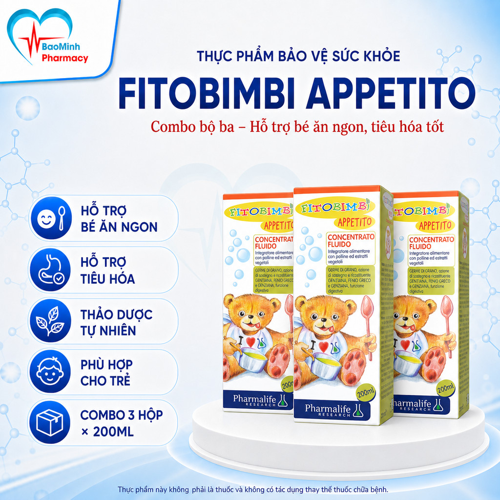Bộ ba Ăn Ngon - Tiêu Hóa Tốt Fitobimbi Appetito Siro Ăn Ngon 3 Tác Động Combo 3 hộp TPBVSK 200ml