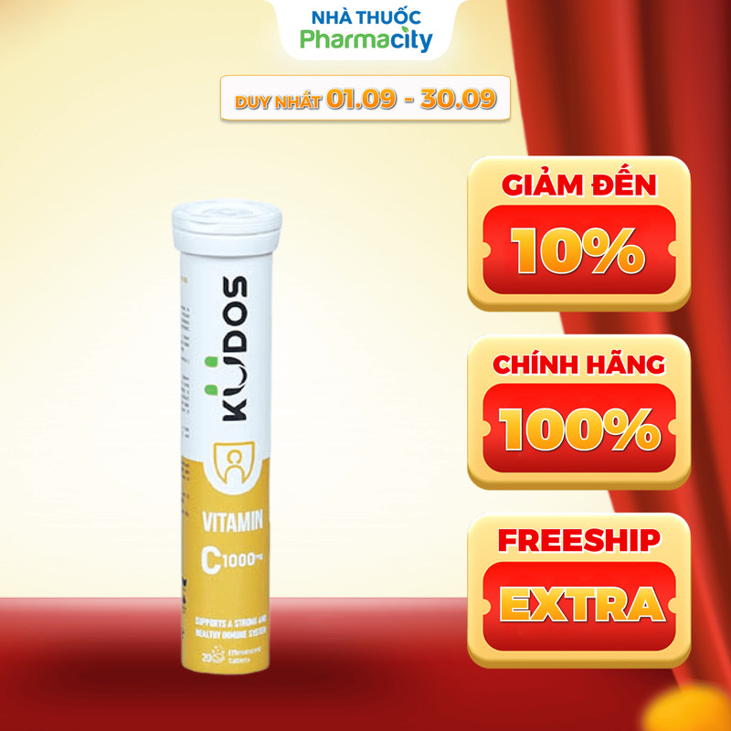 Viên sủi KUDOS Vitamin C 1000mg hương chanh bổ sung vitamin C cho cơ thể (Tuýp 20 viên)