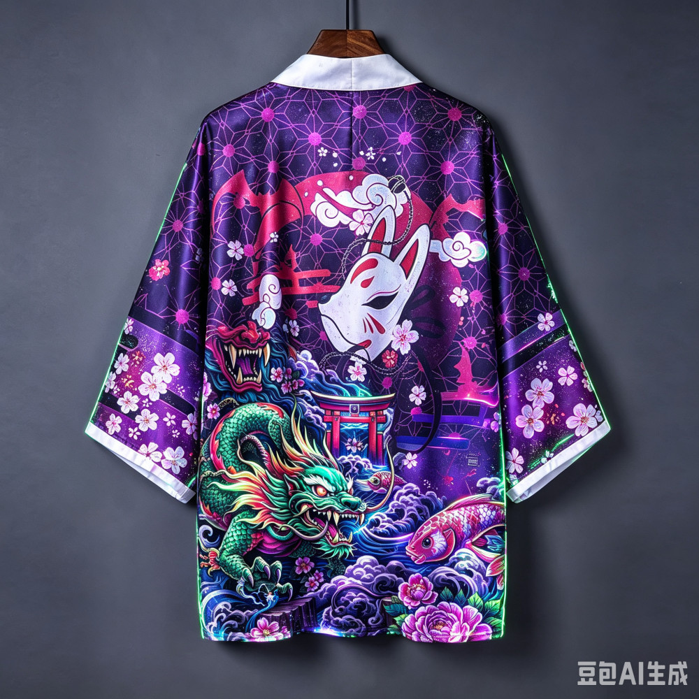 Nhật Bản Kitsune Mask Dragon Torii ‐ Gate Haori Kimono Open ‐ Front Cardigan, Áo khoác ngoài thông t
