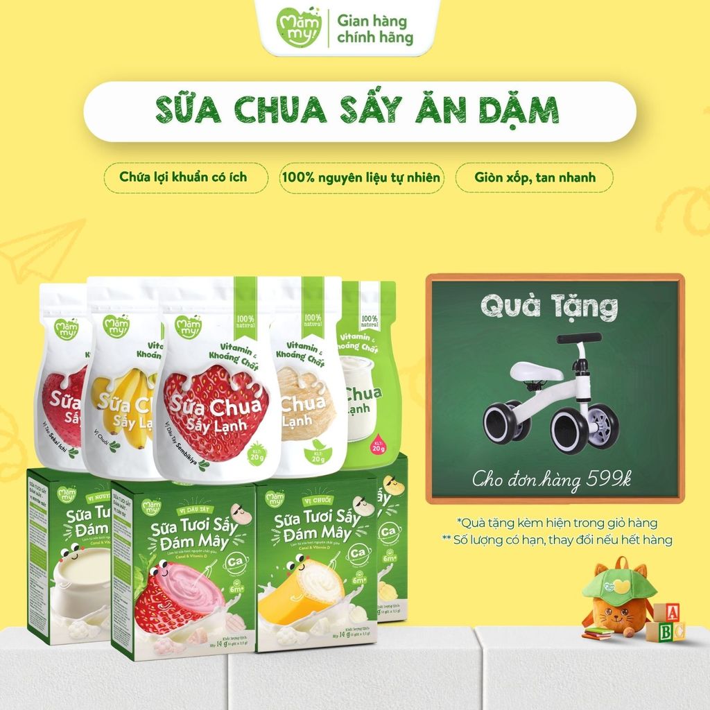 Sữa chua sấy và sữa tươi sấy đám mây Mămmy bữa phụ cho bé ăn dặm từ 6 tháng, vị tự nhiên, gói 20g / 