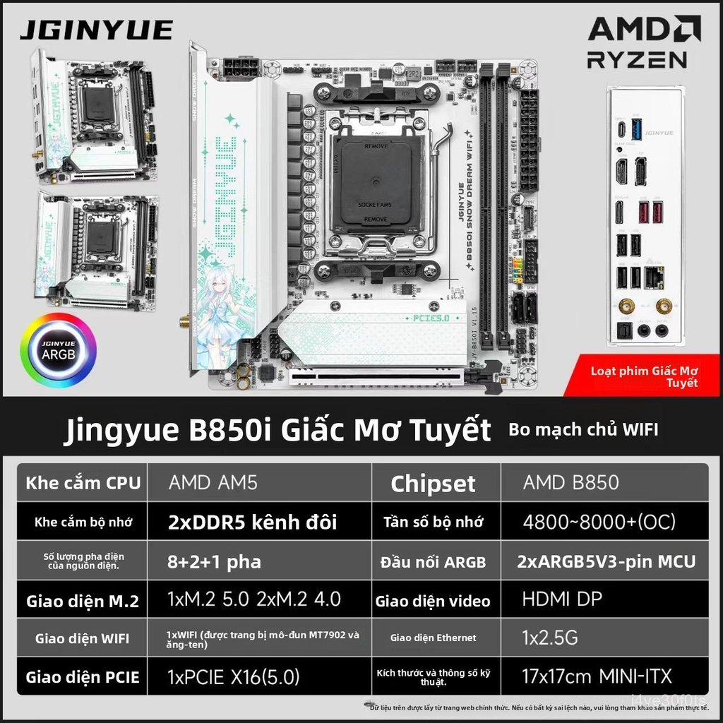 Bo mạch chủ B850I Snow Dream WiFi, DDR5, AMD B850/AM5, chơi game, thiết kế trắng, bền đẹp