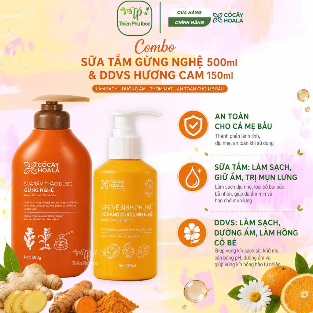 [Combo Sữa Tắm + DDVS X2 Nano Nghệ] Sữa Tắm Thảo Dược Hữu Cơ Gừng Nghệ Cỏ Cây Hoa Lá 500g + DDVS X2 