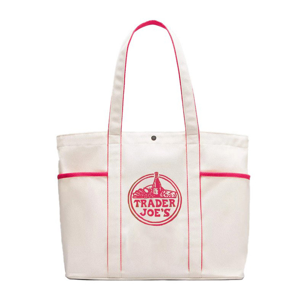 Trader Joe's Canvas Tote Bag, Multi Color Reusable Tote, Multi Pocket Canvas Bag For Grocery & Daily