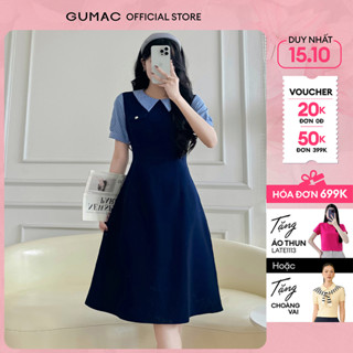 [NEW] Đầm nữ A phối vải sọc thiết kế nắp túi trẻ trung thanh lịch thời trang GUMAC LDF0904