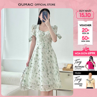 Đầm nữ A xòe cổ vuông họa tiết hoa lá tay phồng đính nơ tươi mát mùa hè thời trang GUMAC DE07012