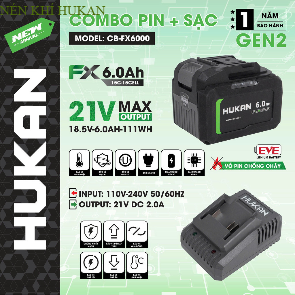Pin Máy Khoan 15cell - Dòng xã cao  HUKAN CB- FX6000  , Dung Lượng 6Ah Nén Khí HUKAN