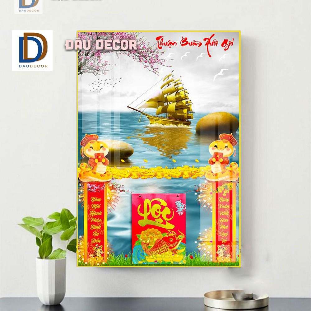 Đậu decor Tranh kèm lịch tết 2025, Lịch tết  làm quà tặng, tranh tráng gương 3D kèm lịch tết