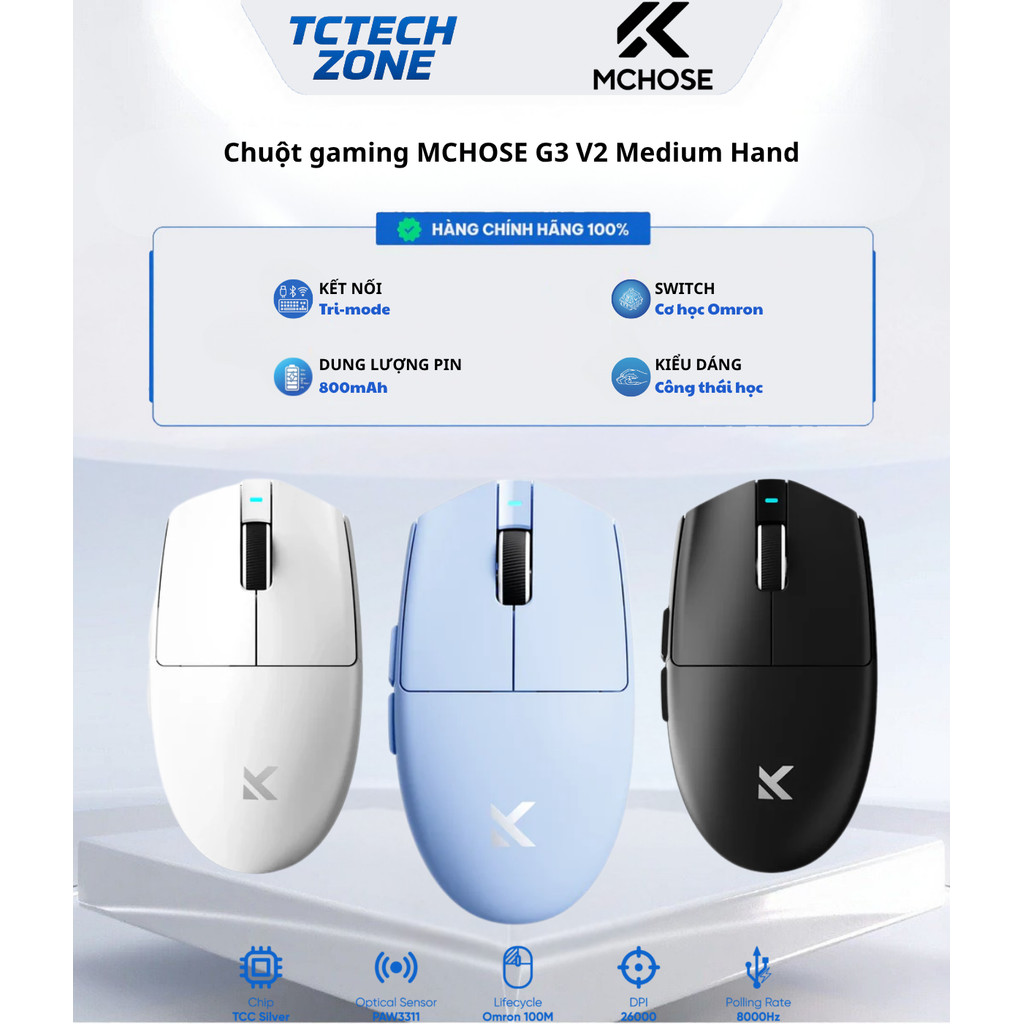 (Hỏa Tốc, BH 24T) Chuột gaming MCHOSE G3 V2 Medium Hand 100 triệu lần nhấn White/Blue/Black