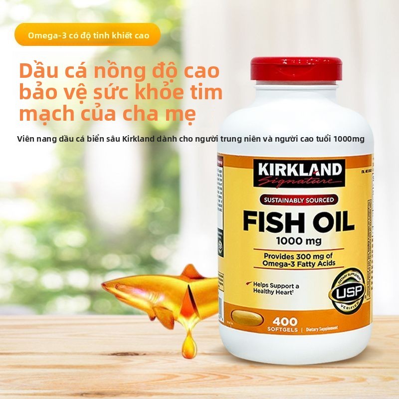 Viên uống Kirkland Fish Oil 1000mg 400v - Hỗ trợ tim mạch, omega-3 300mg, nhập khẩu Mỹ