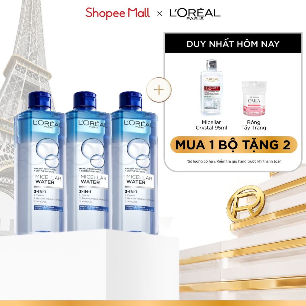Bộ 3 nước tẩy trang đa năng 3-in-1 L'Oreal Paris Micellar sạch sâu 400ml x 3