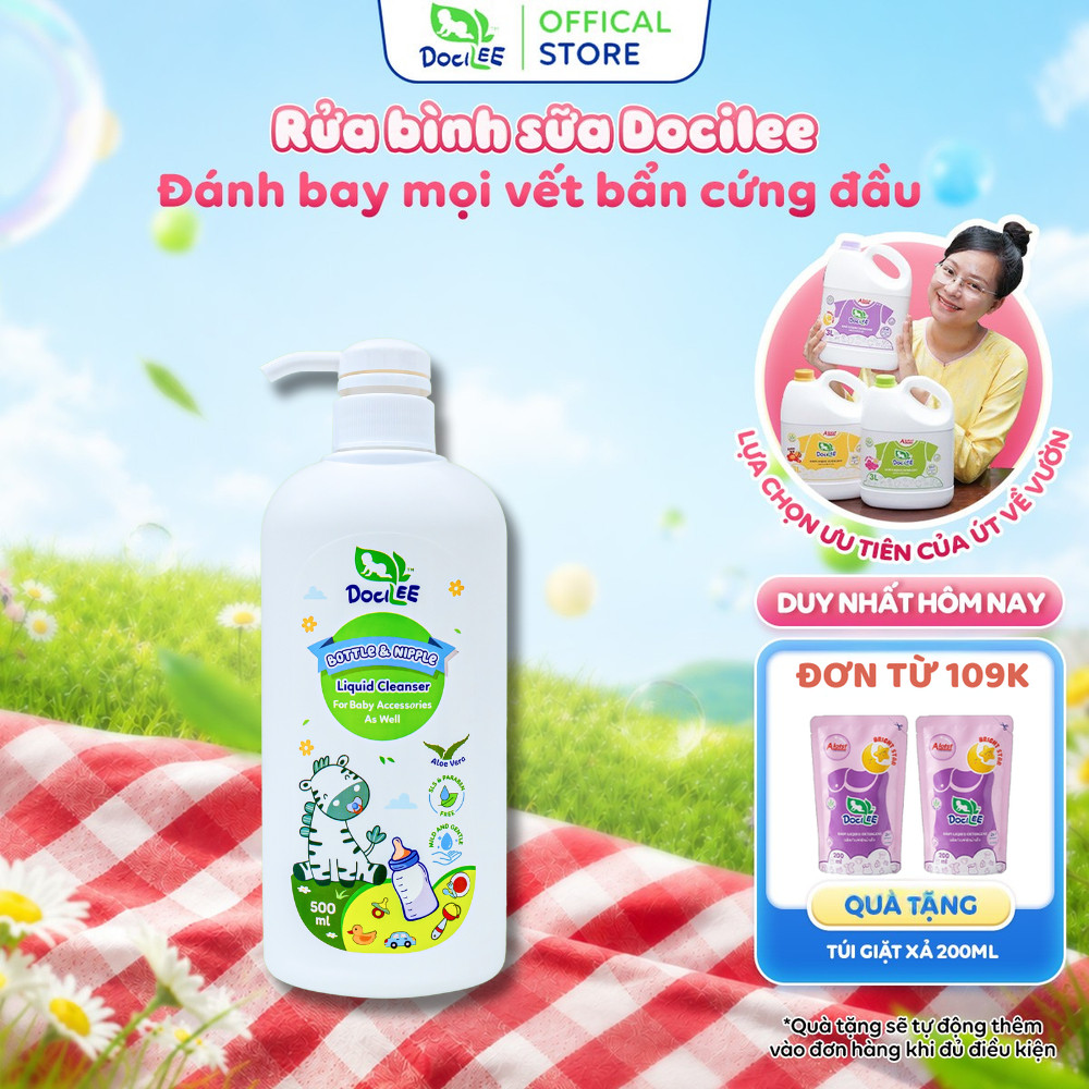 Nước Rửa Bình Sữa, Dụng Cụ, Đồ Chơi Cho Bé DOCILEE Làm Sạch Hiệu Quả, Không Paraben, An Toàn Cho Bé 