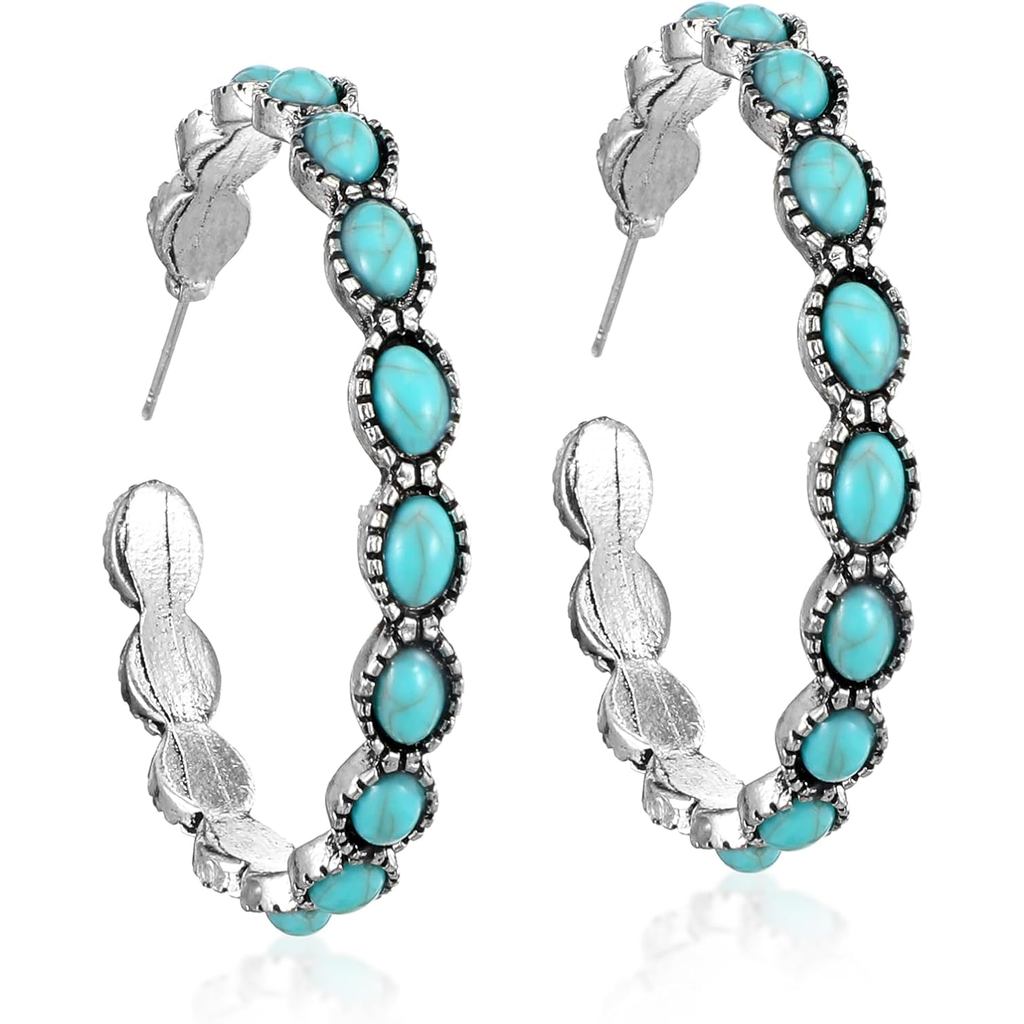 Bông tai phương Tây Bohemian Ngọc lam Vòng Bông tai Nữ Retro Hình bầu dục Mặt dây chuyền Bông tai, B