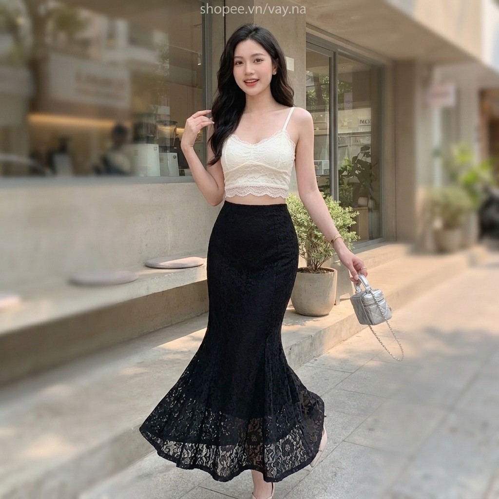 Chân váy ren đuôi cá màu đen có lớp lót chống chói và dây kéo VIP88