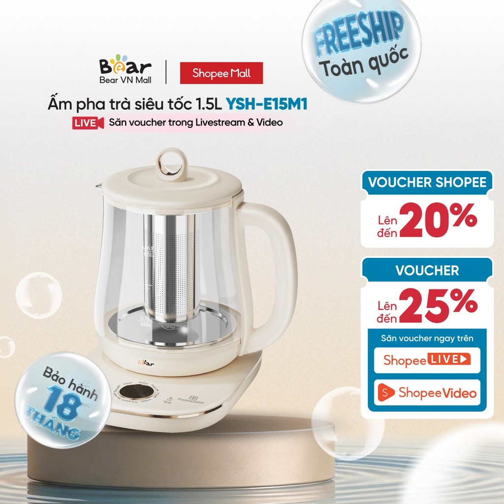 [Livestream] Ấm Pha Trà 1.5L Siêu Tốc Bear YSH-E15M1 - Hàng Chính Hãng