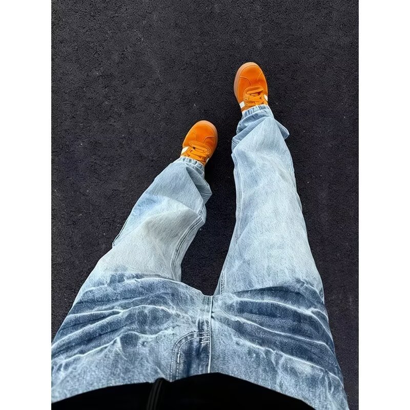 Cleanfit Light Blue Lightning Pattern Jeans Nam Mỹ High Street Quần Rửa Thẳng Micro-Flap Quần