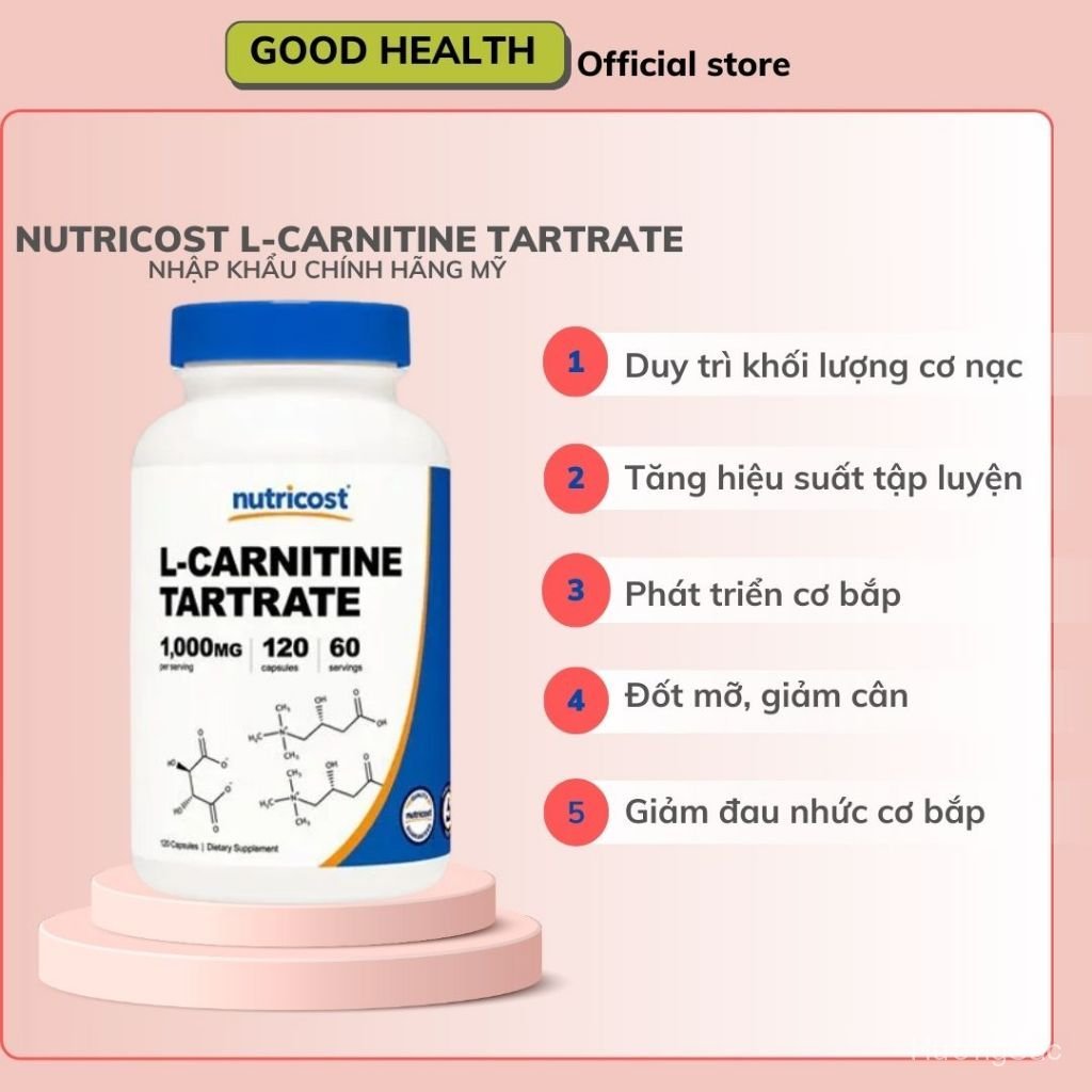 HươngSắc Nutricost L-Carnitine Tartrate 1000mg - Viên uống hỗ trợ giảm cân, đốt mỡ, phục hồi cơ bắp