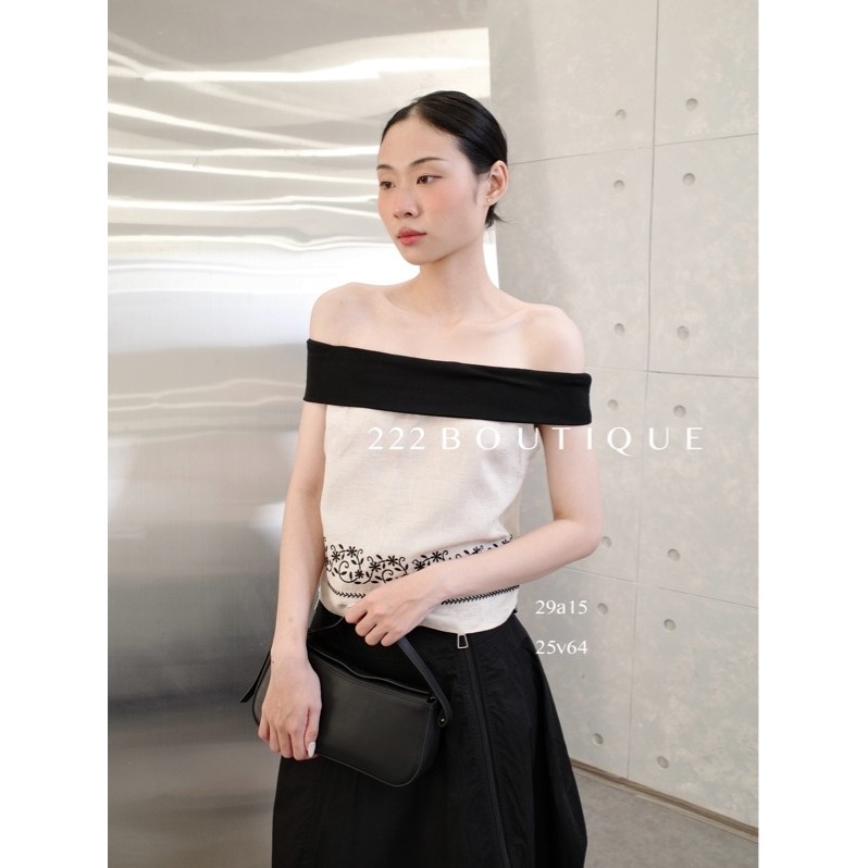 Áo kiểu trễ vai mix linen thêu Ailixi A2251 SM
