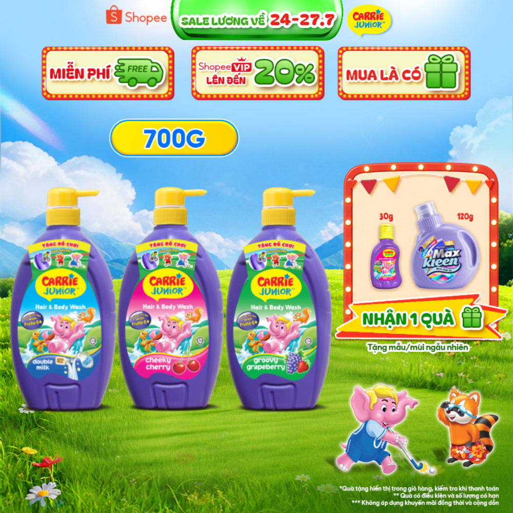 Sữa Tắm Gội thành phần thiên nhiên Sạch Dịu Nhẹ & ẩm mịn Cho Bé Carrie Junior 700g /chai - 3 mùi hươ