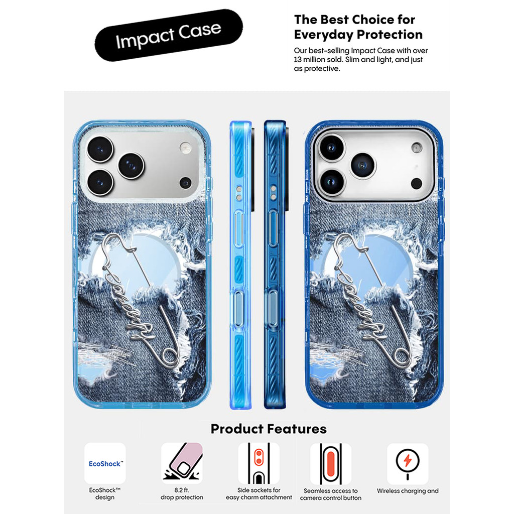 Pin denim Case Sierra Blue Sky Blue Clear Hard Từ Hút Tác Động Dành Cho Apple IPhone 14 15 16 17 Pro