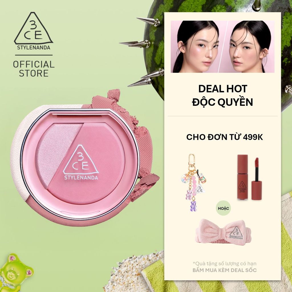 Phấn Má Hồng Bắt Sáng 3CE Blushlighter 2-Trong-1 Đa Năng, Dễ Tán, Tệp Da, Lâu Trôi, Rạng Rỡ Suốt Ngày Dài