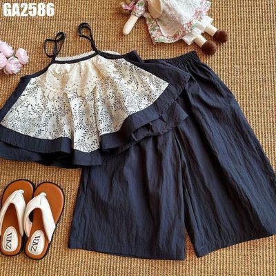 Set Bé Gái Áo Hai Dây Bèo Tầng Họa Tiết Hoa Đen Trắng Quần Ống Rộng Mềm Thoáng MINTSCLOSET GA2586