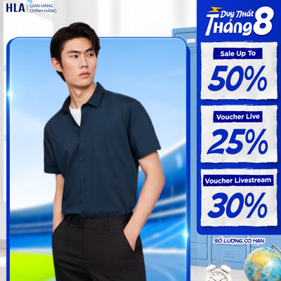 [GIẢM 50%] Áo sơ mi nam HLA ngắn tay basic xanh đậm trơn công nghệ vải mát lạnh, hạn chế nhăn