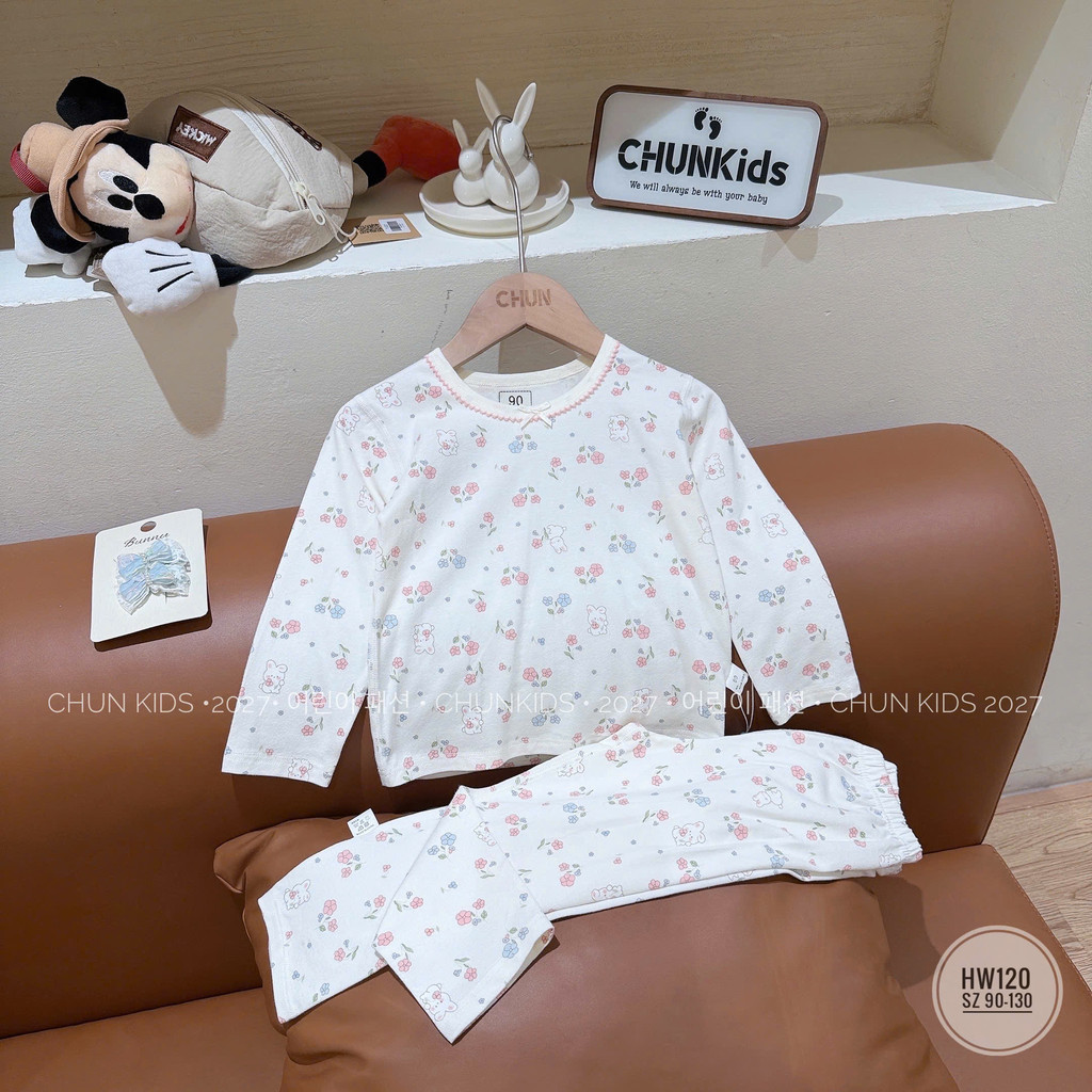 HW120 - Bộ thun dài tay CHO BÉ cổ viền đính nơ thỏ lạc vào khu vườn hoa