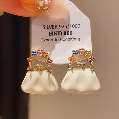 18K Mạ Vàng Bạc Bài Men Hoa Trái Tim Túi Xách Bông Tai Dainty Zirconia Giọng Tòn Ten Giọt Cho Nữ Tối Giản Trang Sức Thanh Lịch PD2648