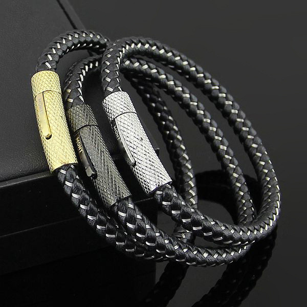 AKHZ Braided titanium men's bracelet jewelry with snap clasp, simple leather bracelet, steel men's m