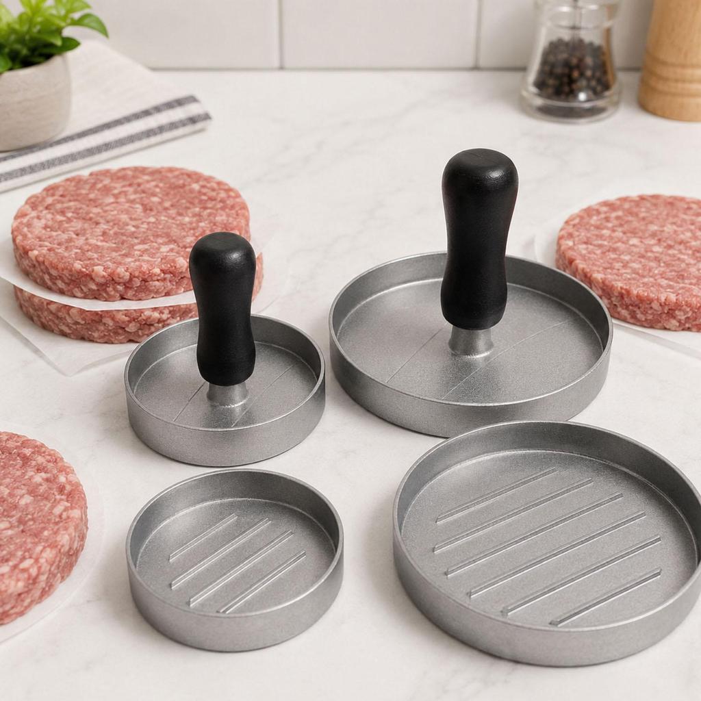 Máy làm bánh Hamburger bằng nhôm | Tấm ép kết cấu | Tay cầm chịu nhiệt | 2 Kích Thước Tùy Chọn | Dàn
