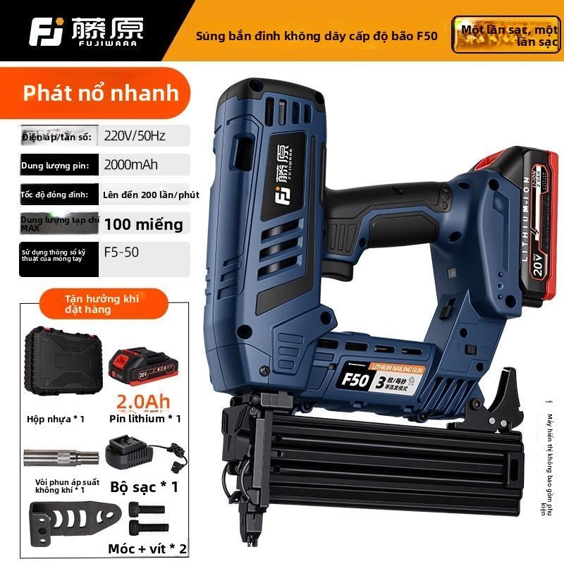 Súng bắn đinh cầm tay Fujiwara F50 dùng pin sạc không dây ST38 chuyên dụng cho mộc bền đẹp dễ sử dụn